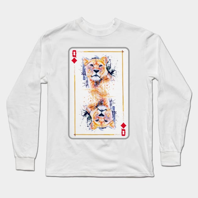 Lioness Head Queen of Diamonds Playing Card Long Sleeve T-Shirt by Marian Voicu